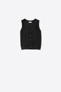 Q2 Colete de Malha Pointelle com Bordas Onduladas em Preto