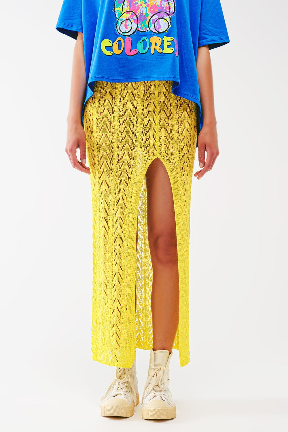 Q2 Crochet Maxi Saia em Amarelo