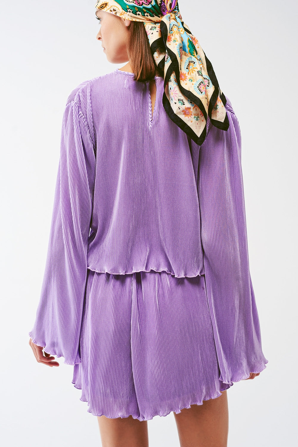 Crop Top plissado com gola redonda em lila