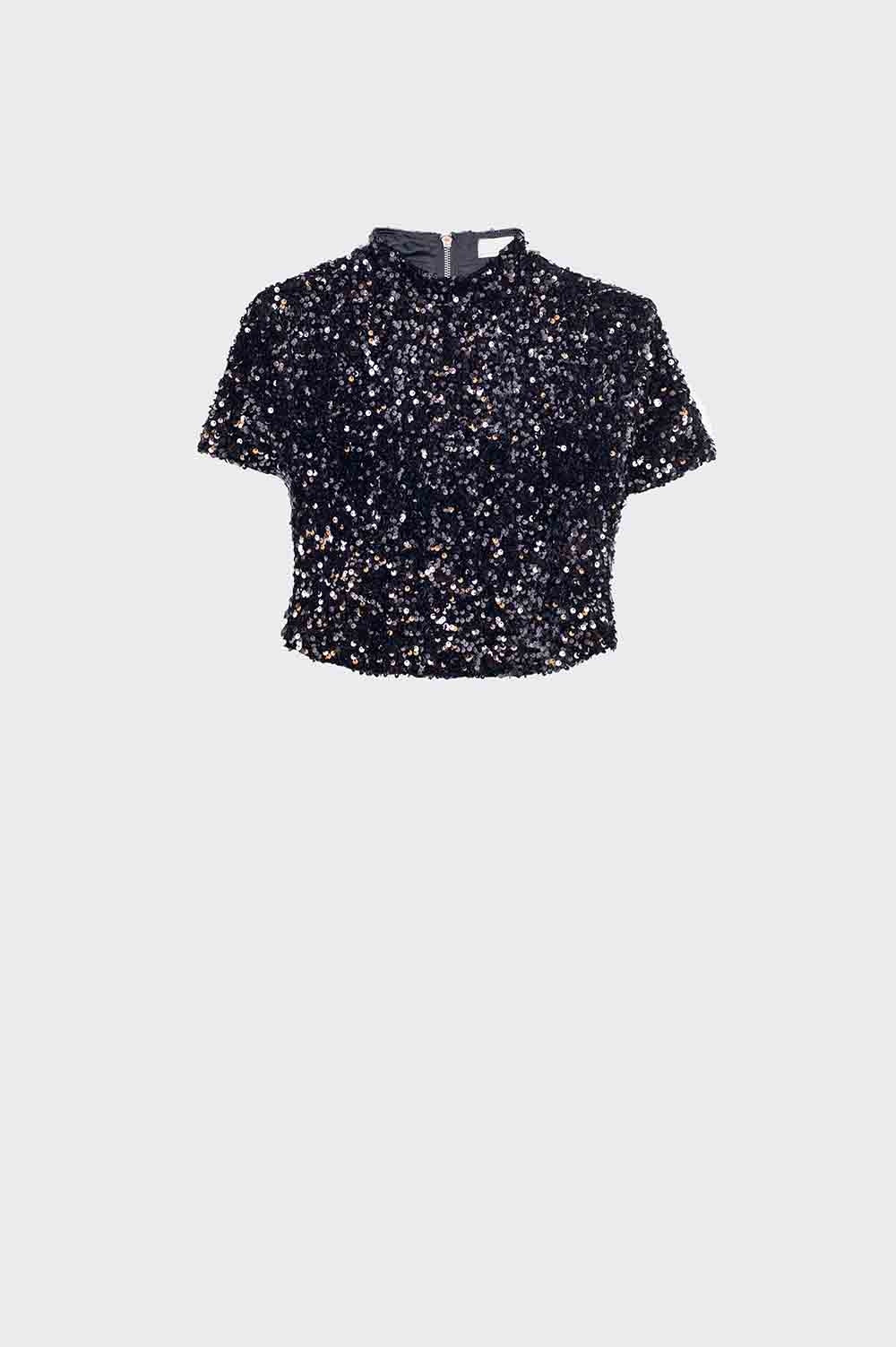 Q2 Cropped top glitter lantejoulas preto