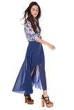 Saia azul comprida cruzada em chiffon