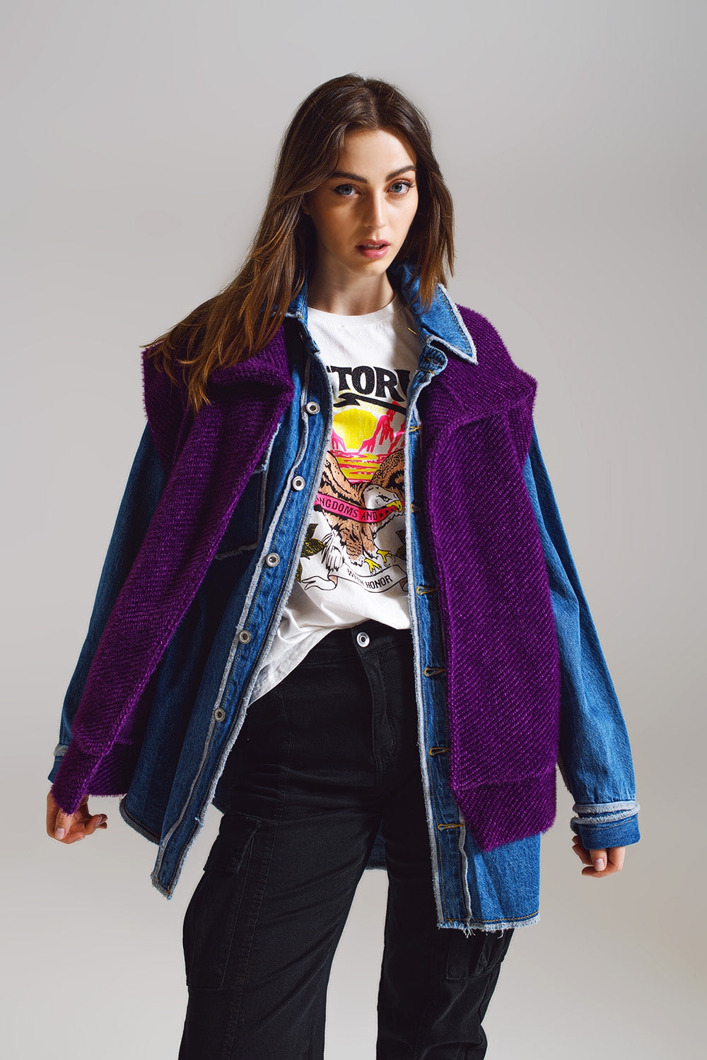 Q2 Gilet Aberto de Espinha de Peixe com Colarinho Estilo Xale em roxo