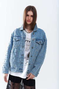 Jaqueta jeans larga com strass em padrão diamante