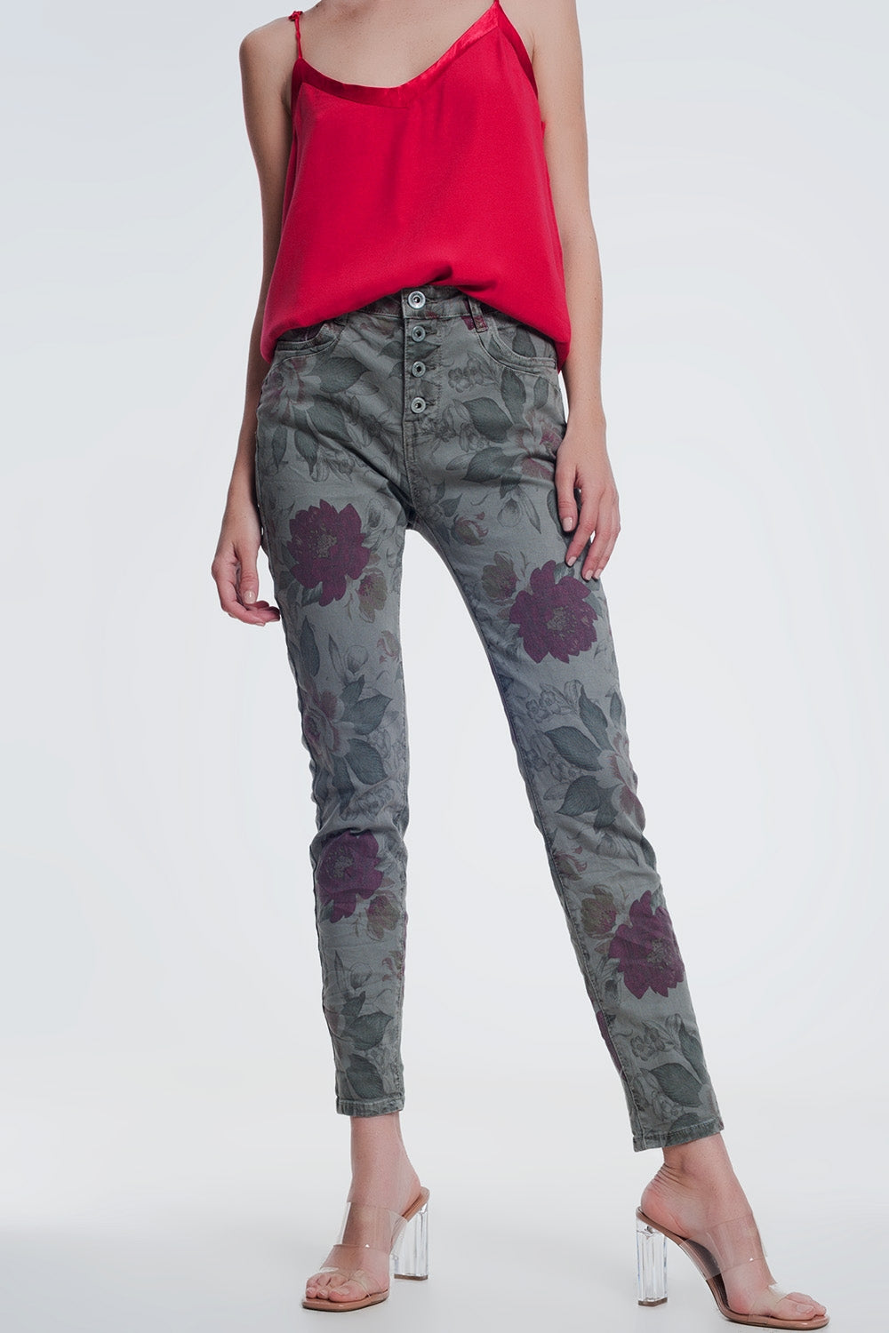 Q2 jeans cáqui namorado com estampa floral