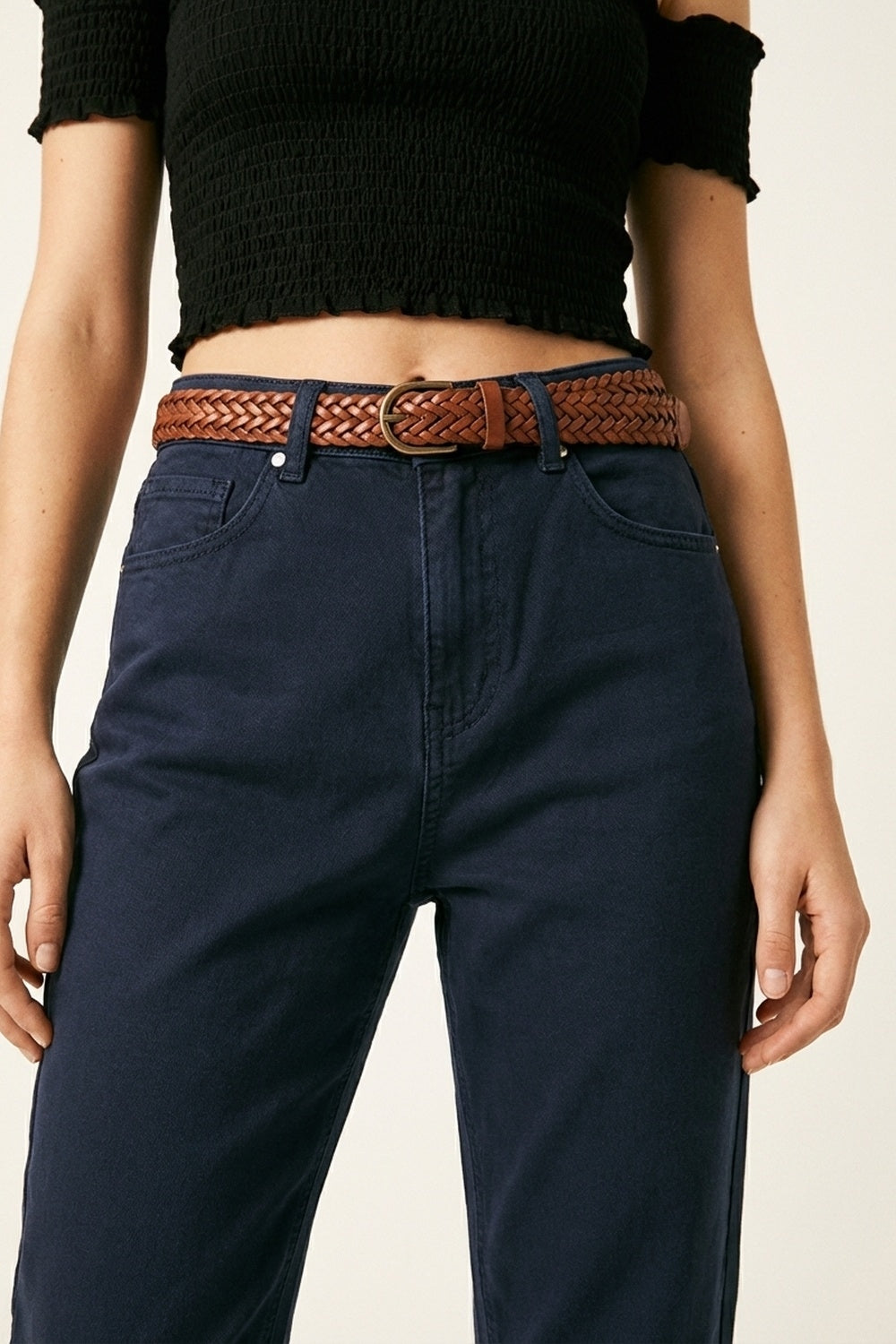 Jeans Denim de Cintura Alta com Perna Reta em Azul Marinho