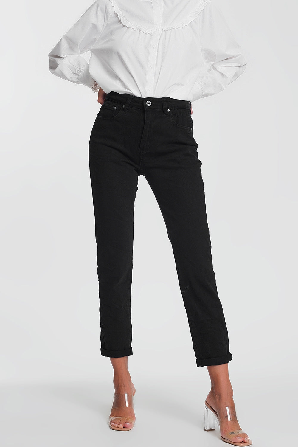 Q2 Jeans pretos retos de cintura alta