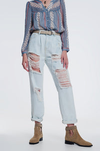 Q2 jeans rasgados boyfriend em azul claro