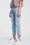 Jeans rasgados straight em denim claro