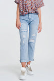 Q2 Jeans rasgados straight em denim claro