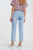 Jeans rasgados straight em denim claro