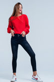 Calças de ganga skinny preto com listra lateral vermelha