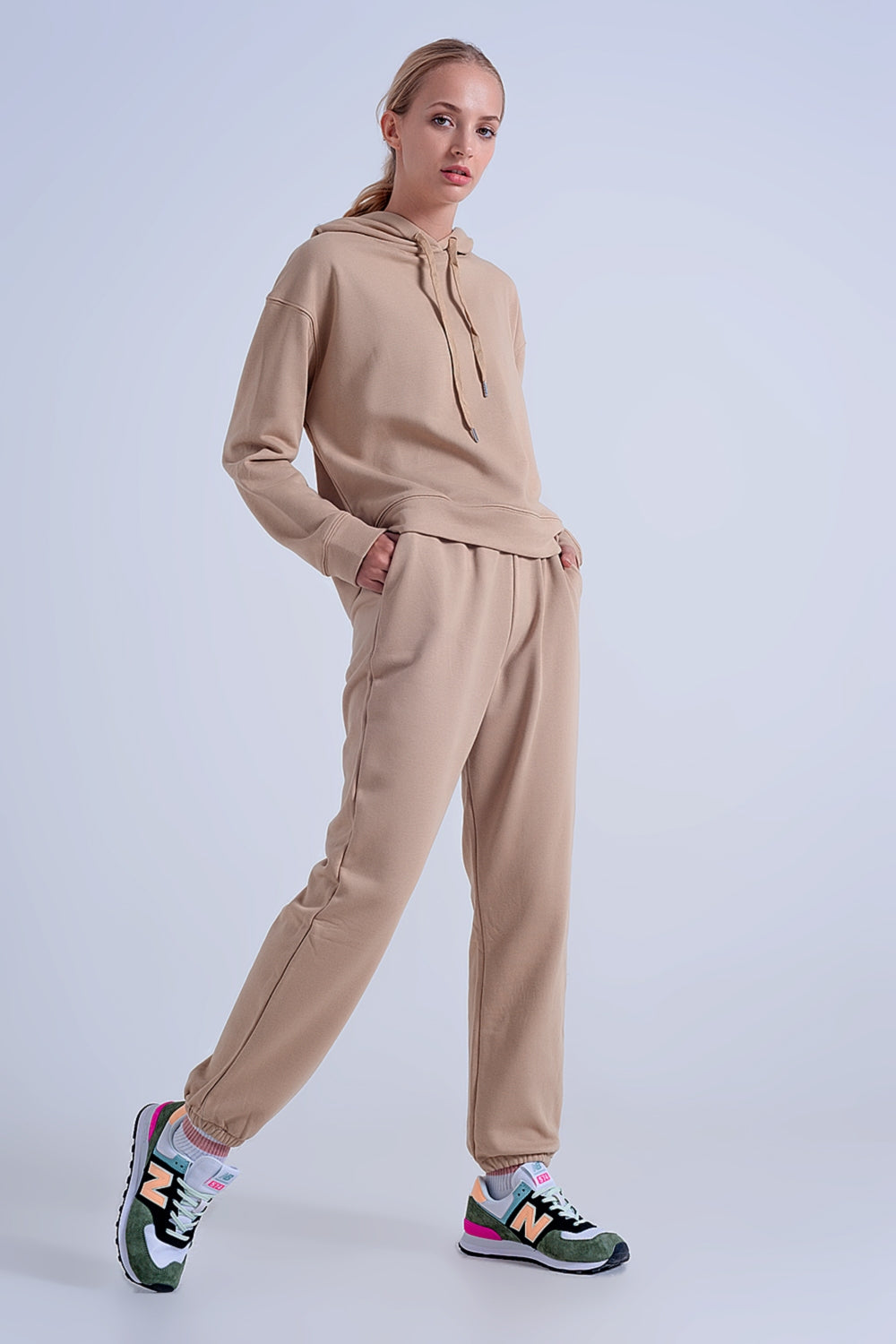 Joggers beije basic allacciati in cotone