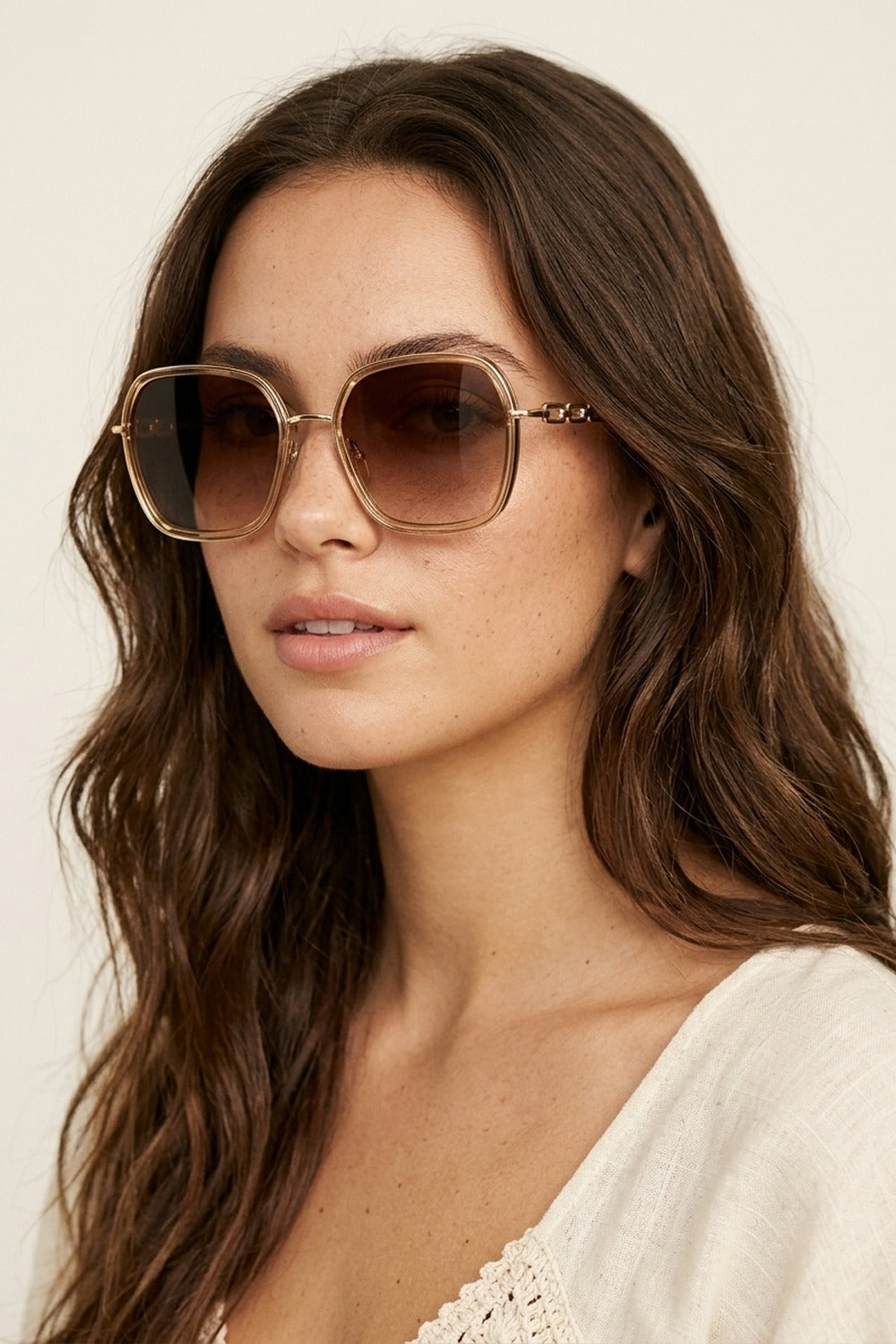 Lentes Degradê Marrom Armação Dourada Metal Óculos de Sol Quadrados Oversized