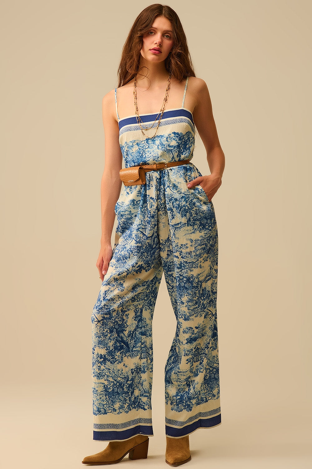 Q2 Macacão com estampado Toile de Jouy e alças finas