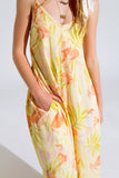 macacão maxi amarelo com estampado tropical