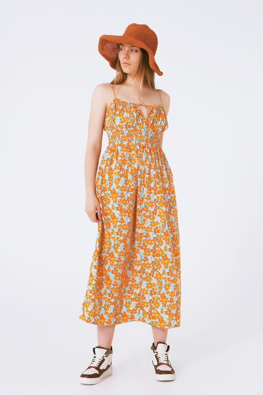 Q2 Maxi vestido de praia com estampa de flores de laranja