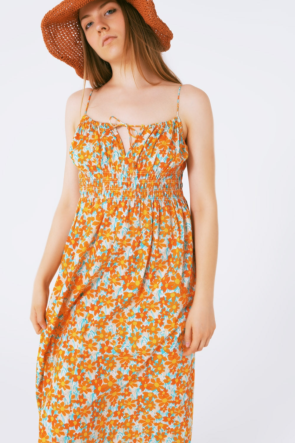 Maxi vestido de praia com estampa de flores de laranja