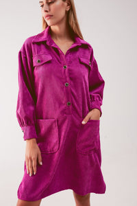 Mini vestido camiseiro de cordão em fúcsia