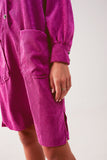 Mini vestido camiseiro de cordão em fúcsia