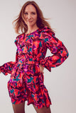 Mini vestido de manga de Puff em fuchsia