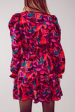 Mini vestido de manga de Puff em fuchsia