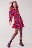 Q2 Mini vestido de manga de Puff em fuchsia