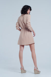 Mini vestido sem camisa bege com laço na cintura