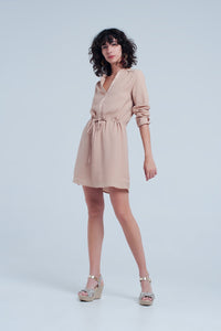 Mini vestido sem camisa bege com laço na cintura