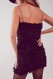 Mini vestido sem mangas de plumas em preto
