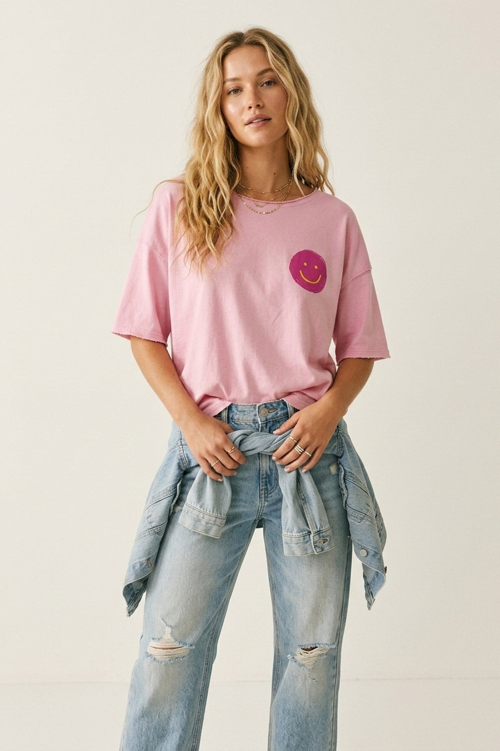 Q2 Moletom de Algodão Rosa com Corte Solto e Detalhe de Smiley