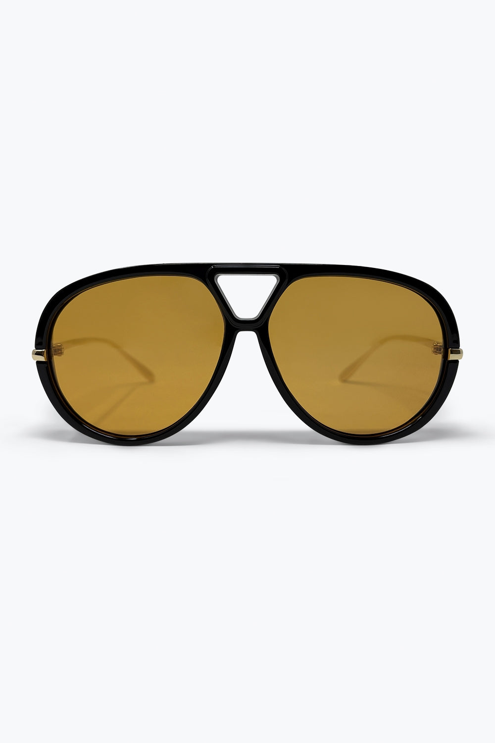 Q2 Óculos de Sol com Armação Aviador Oversize Preta com Detalhes em Ouro e Lentes Âmbar