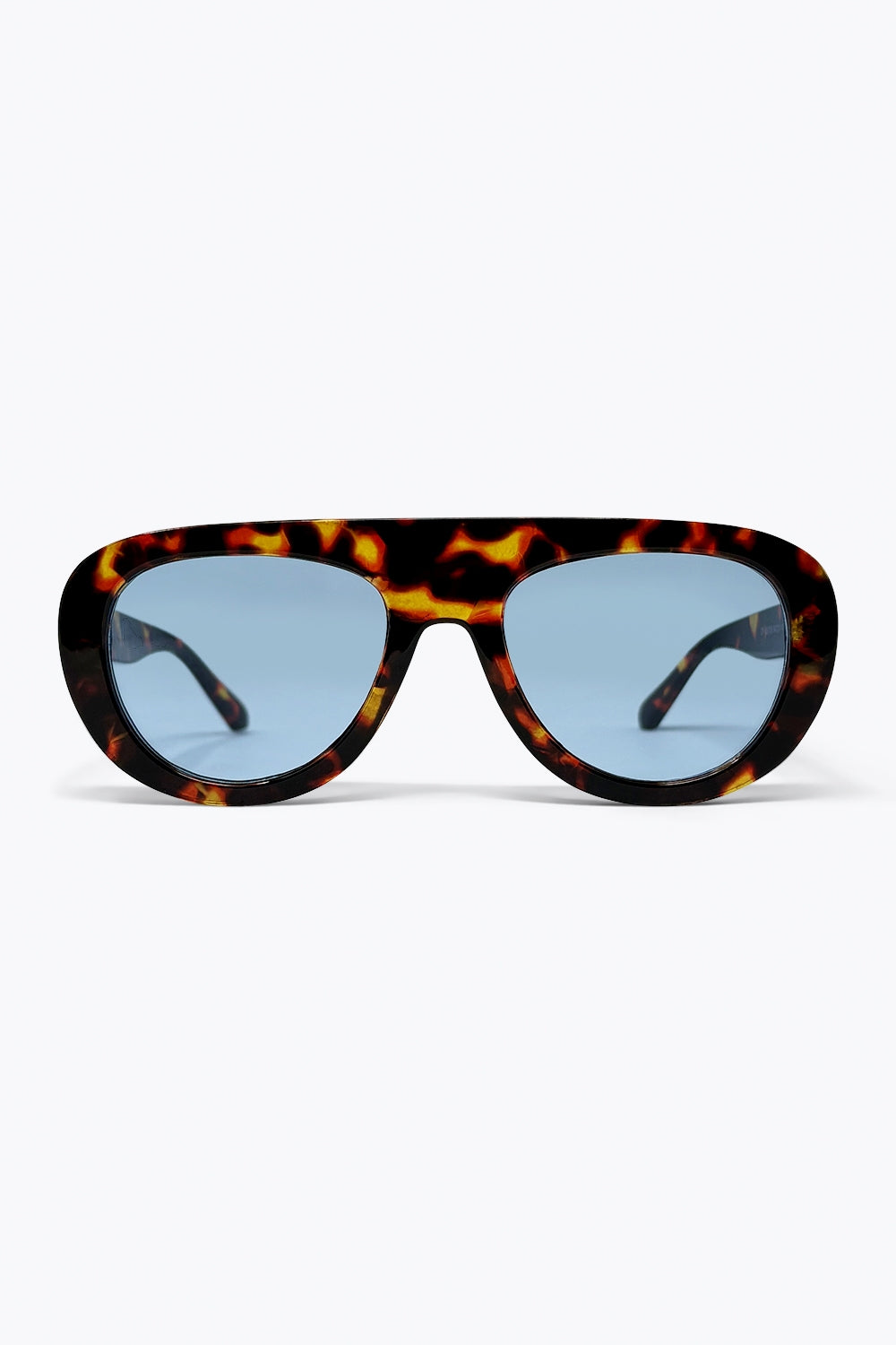 Q2 Óculos de Sol com Lentes Azuis e Armação Oval de Tartaruga Multicolorida