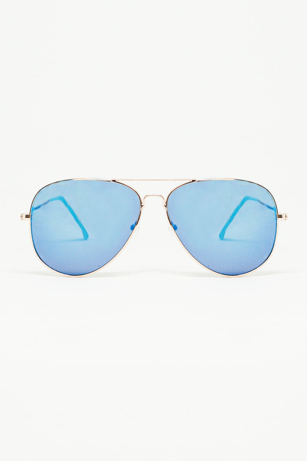 Q2 Óculos de sol de aviador retro com lente azul fumada e armação dourada