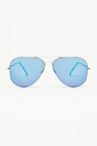 Q2 Óculos de sol de aviador retro com lente azul fumada e armação dourada