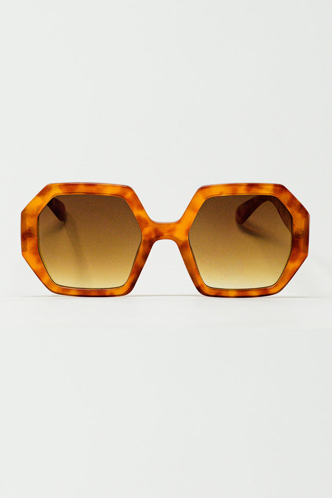 Q2 Óculos de sol hexagonais e oversized em tartaruga vintage
