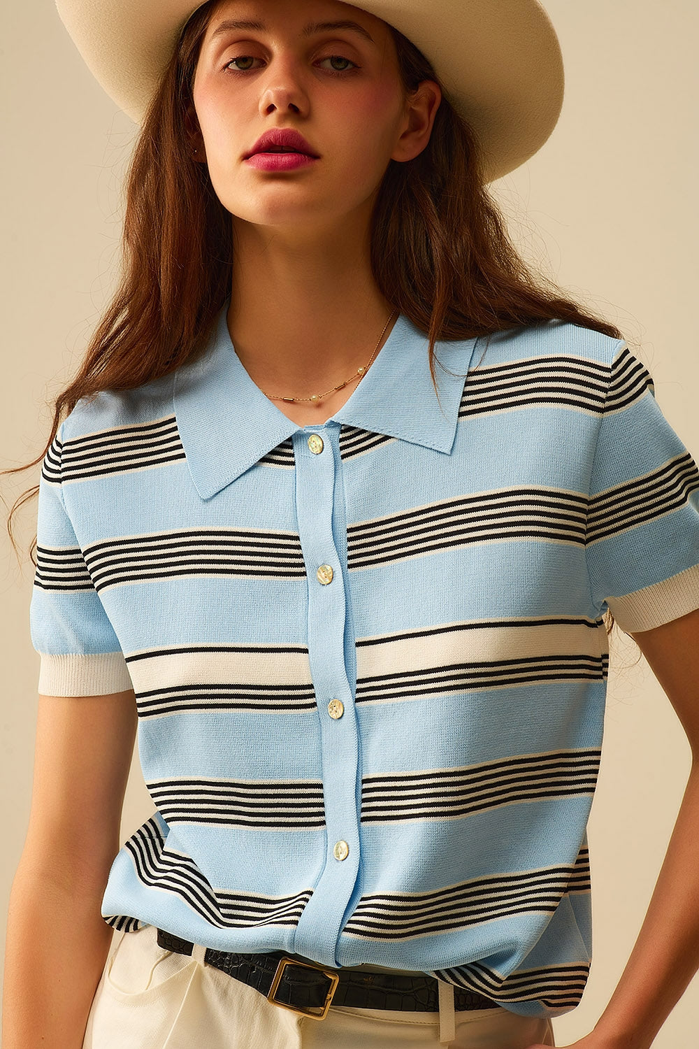 Q2 Polo com botões às riscas azul bebé