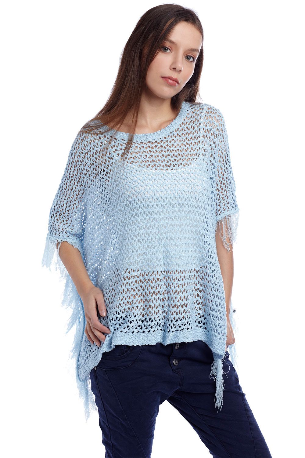Q2 Poncho azul com franjas 