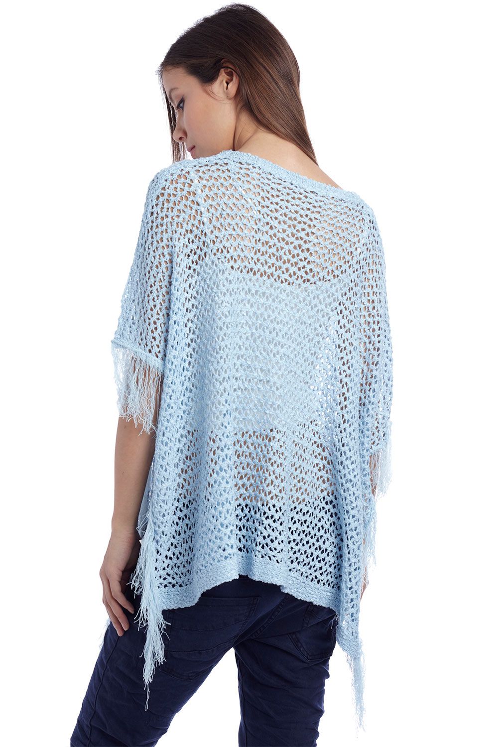 Poncho azul com franjas
