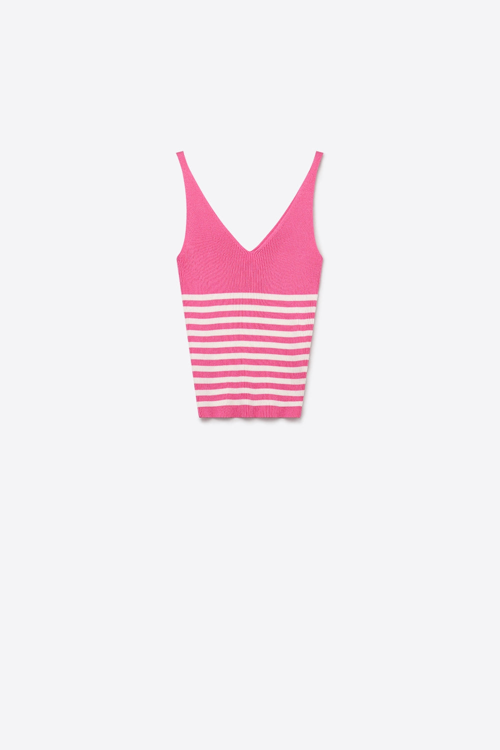 Q2 Regata Cropped de Malha Canelada com Listras Rosa e Branca e Decote V