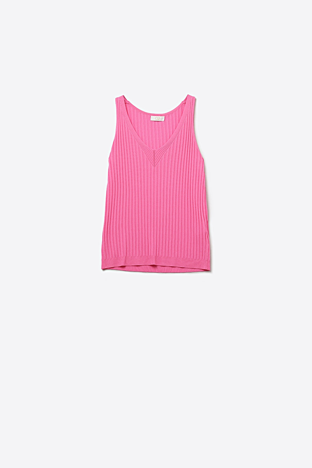 Q2 Regata de Malha Canelada Rosa Decote V