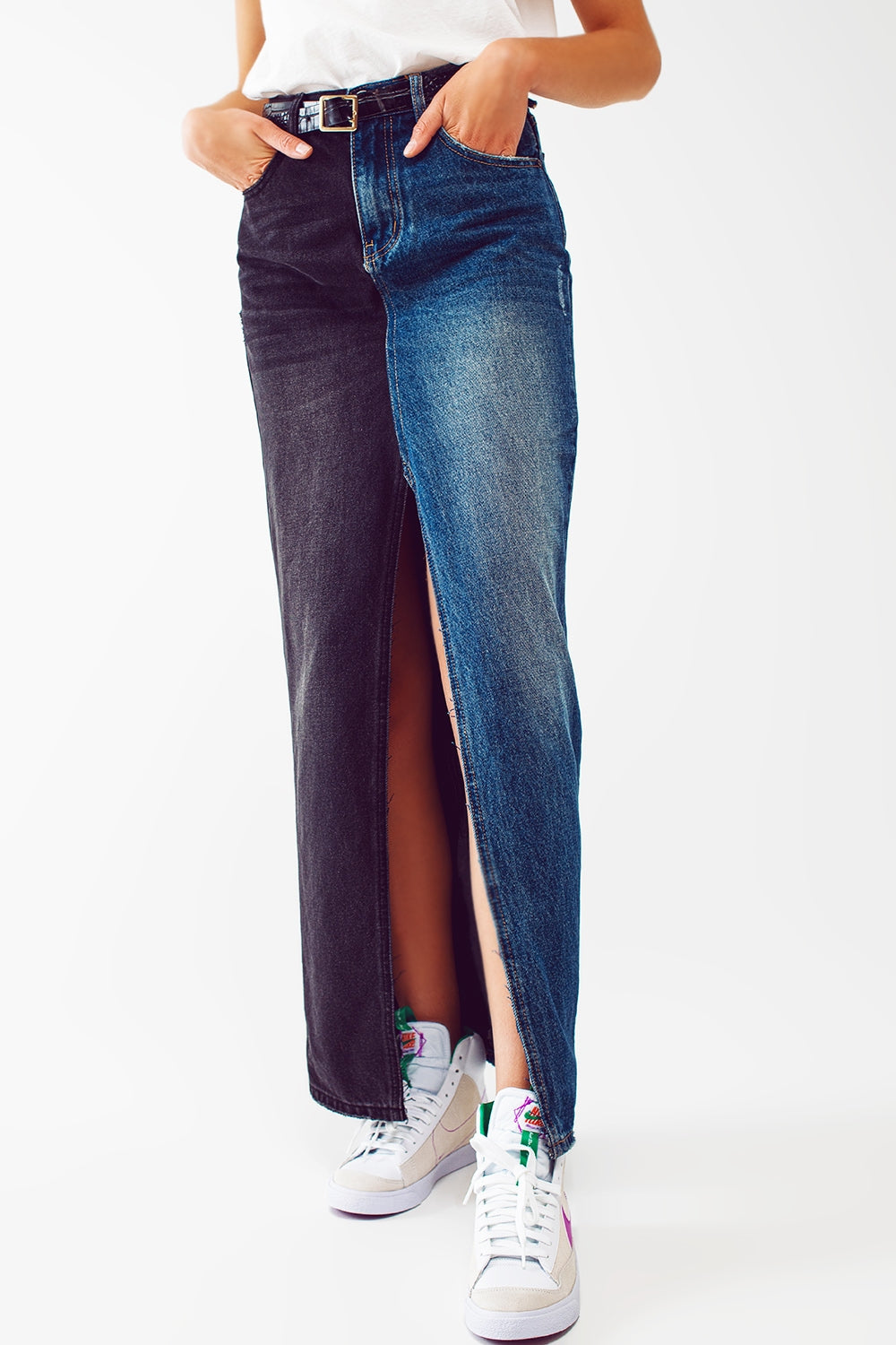 Q2 saia jeans bloco azul e preto