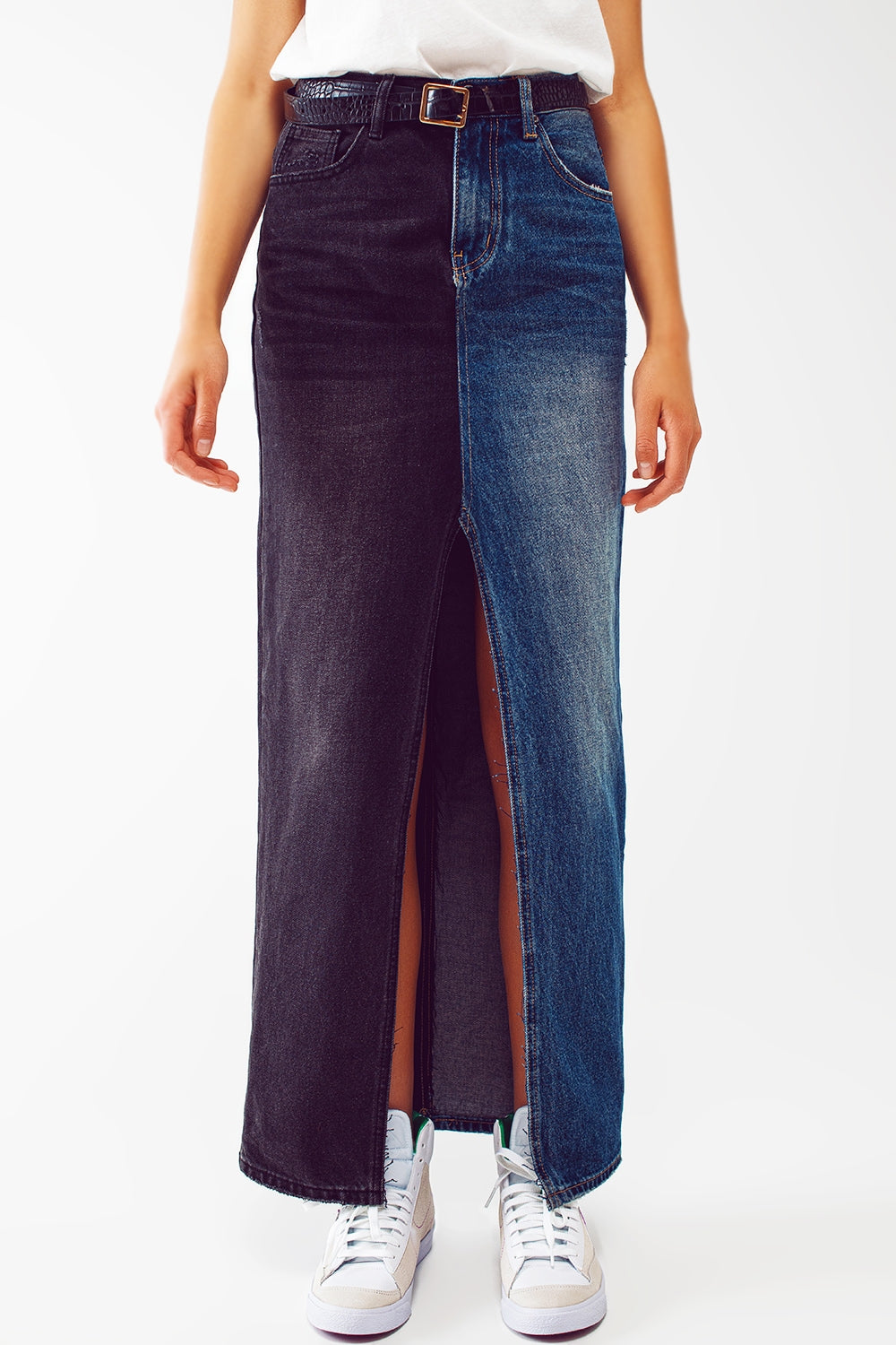 saia jeans bloco azul e preto