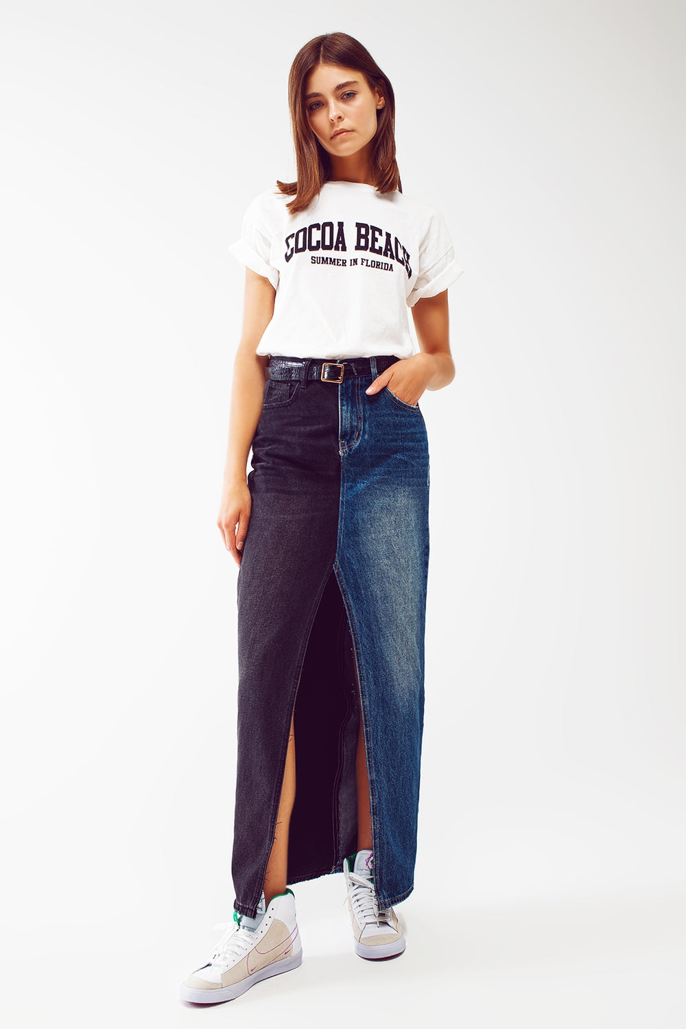 saia jeans bloco azul e preto