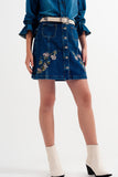 Q2 Saia jeans com flores bordadas e botões frontais