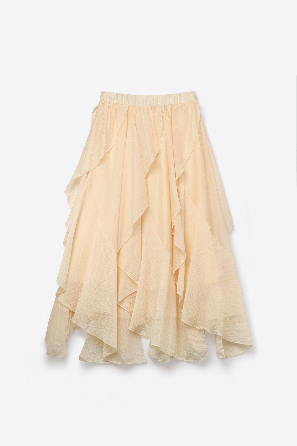 Saia longa assimétrica com babados de chiffon leve na cor bege