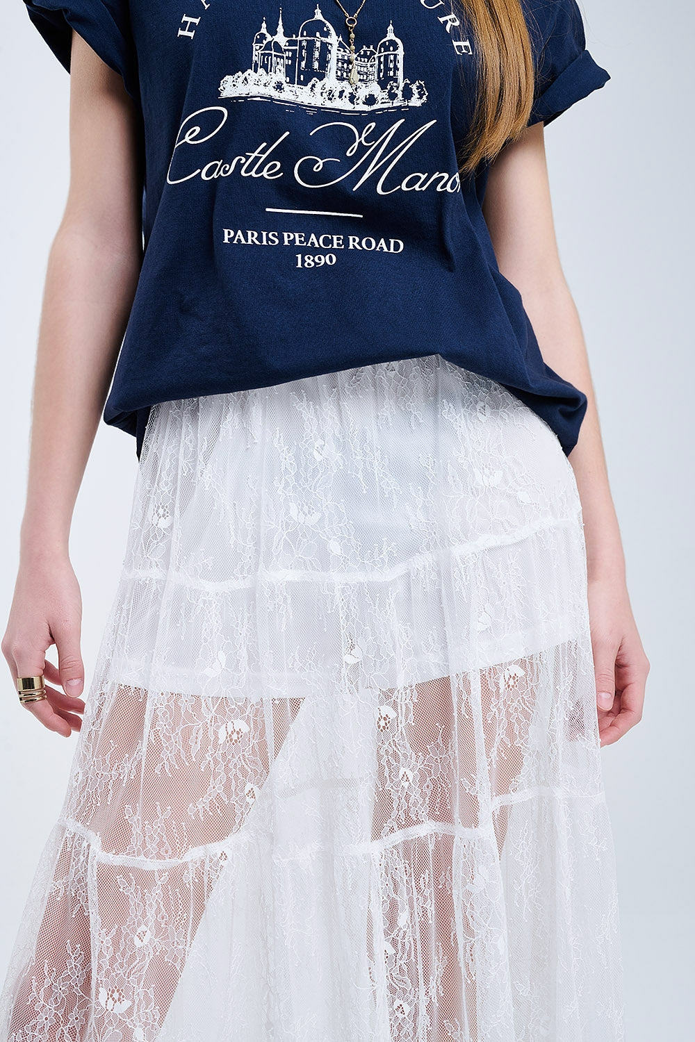 saia maxi de renda branca com estampado floral