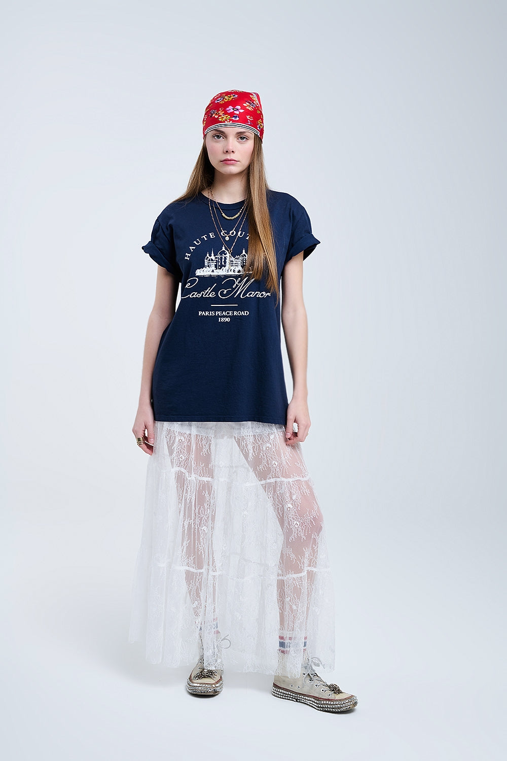 saia maxi de renda branca com estampado floral
