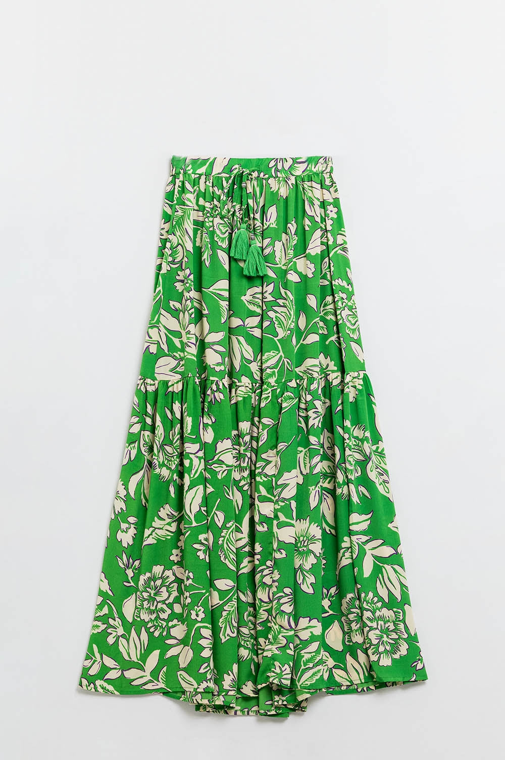 Saia maxi em camadas com estampado floral verde