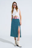 Saia maxi em verde com estampado de flores e fenda lateral