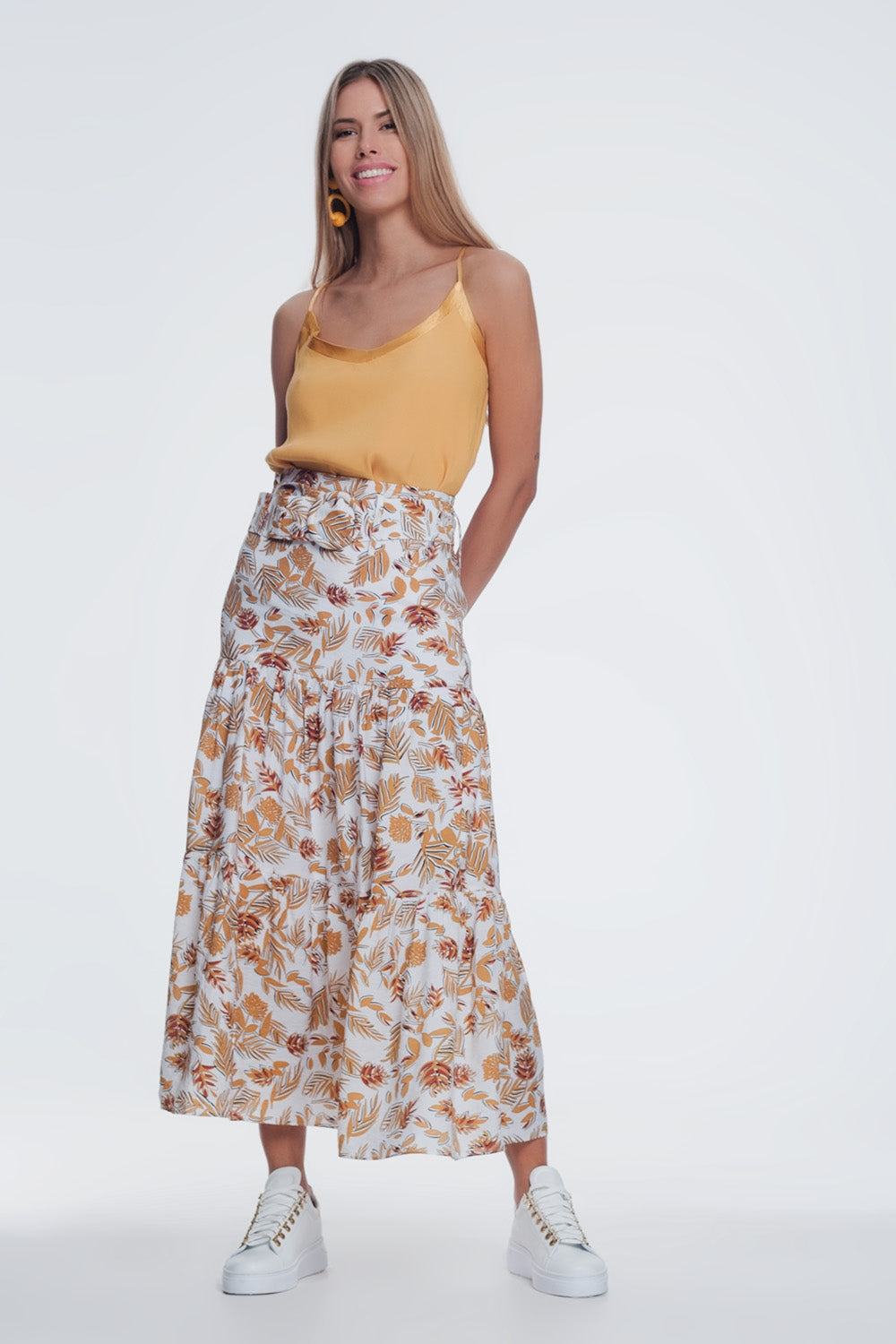 Saia midi coluna com estampa flor da selva